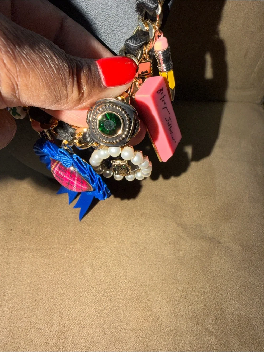 Betsey Johnson Black and Gold Chain Charm Necklace with Multicolor Charms
